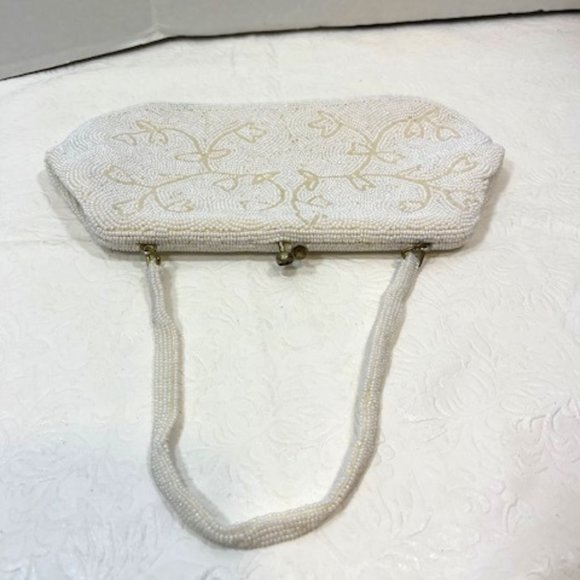 VTG Handmade White Pearl Beads Floral Pattern Kiss Lock Evening Purse Handbag - Picture 1 of 12